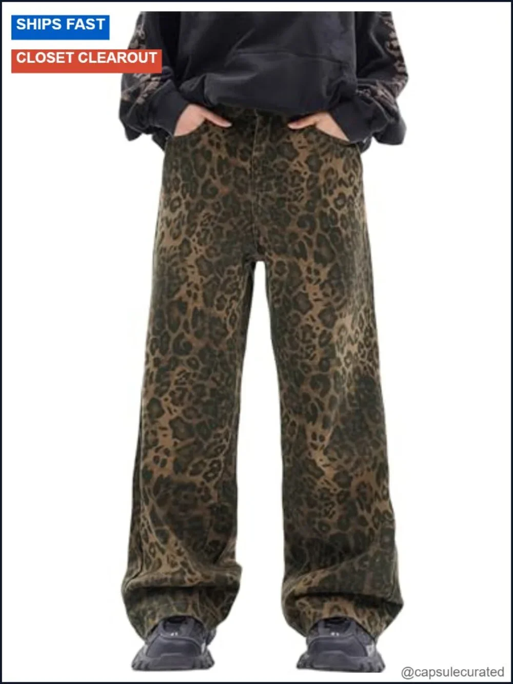 Leopard Print Baggy Jeans Men Y2K Vintage Hip Hop Wide Leg Denim Pants